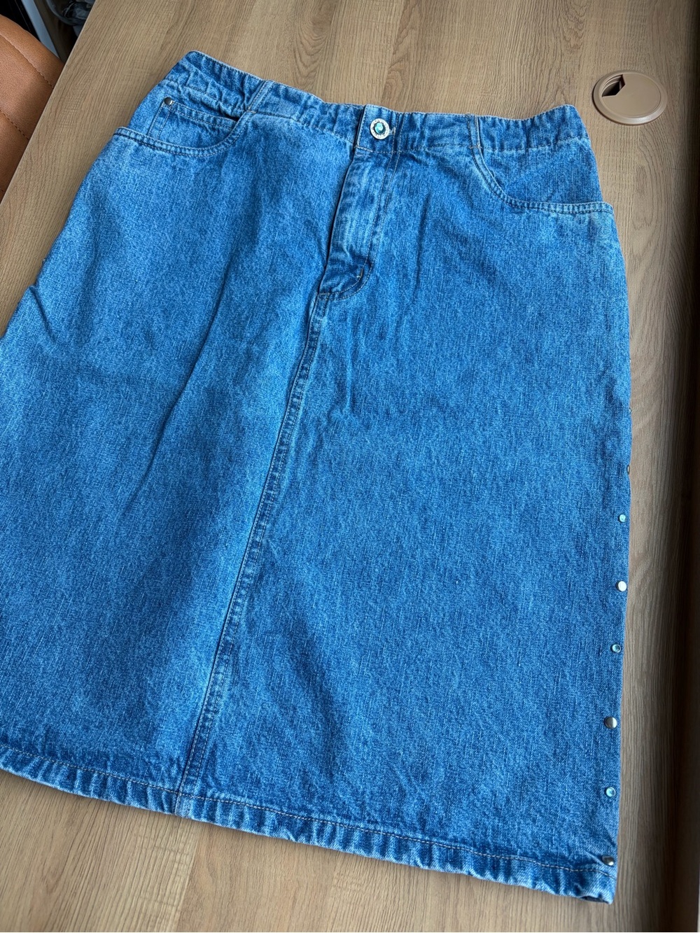 Vintage Faded Glory Medium Blue Denim Midi Skirt with‎ Side Studs